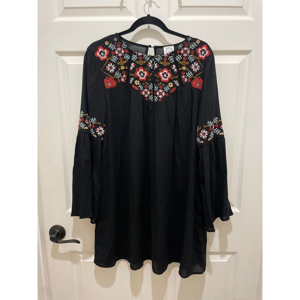 Francesca’s Blue Rain Black And Floral Embroidered Bell Long Sleeve Mini Dress